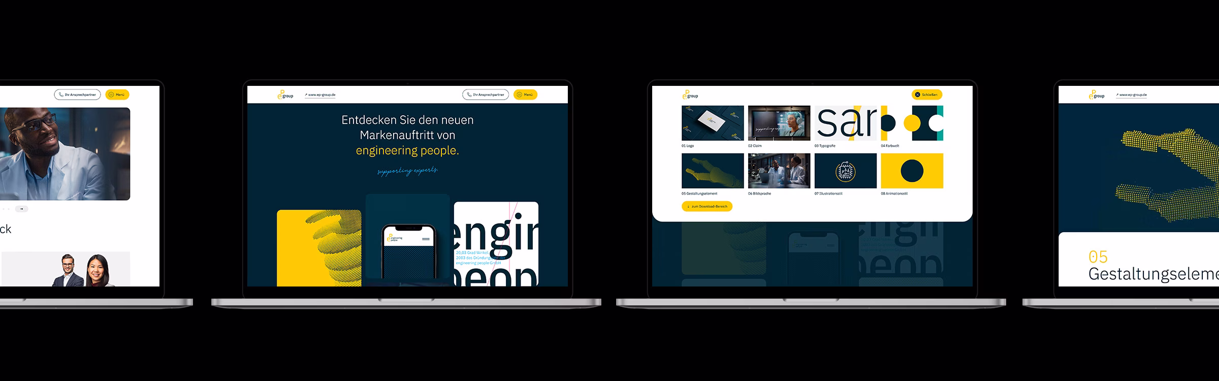Vier geöffnete Laptops mit verschiedenen Ansichten eines digitalen Markenauftritts für engineering people – von der Website über Markenrichtlinien bis hin zu Gestaltungselementen.