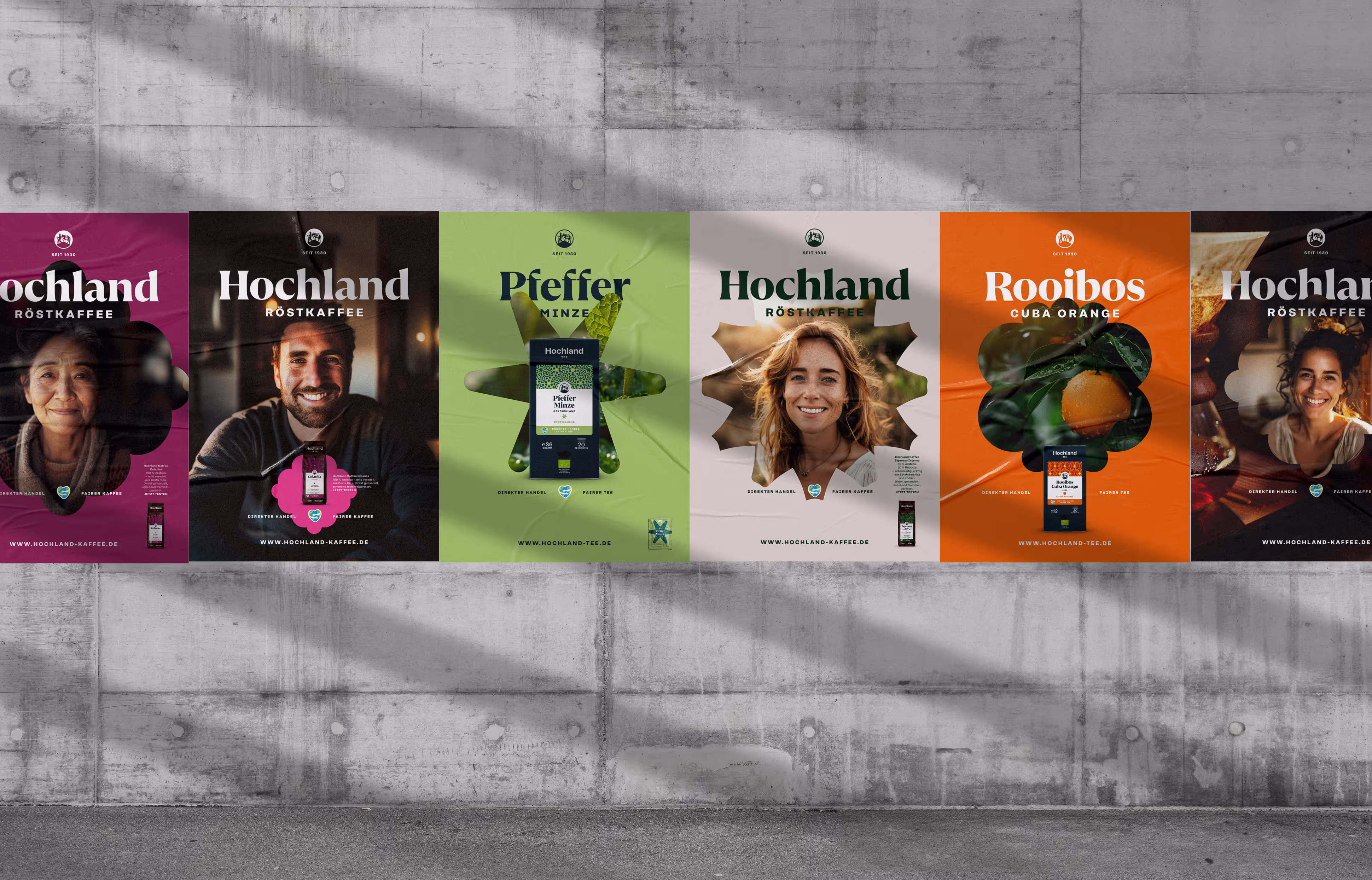 Plakate mit Hochland-Produkten, Porträts und Gestaltungselementen auf Farbhintergrund