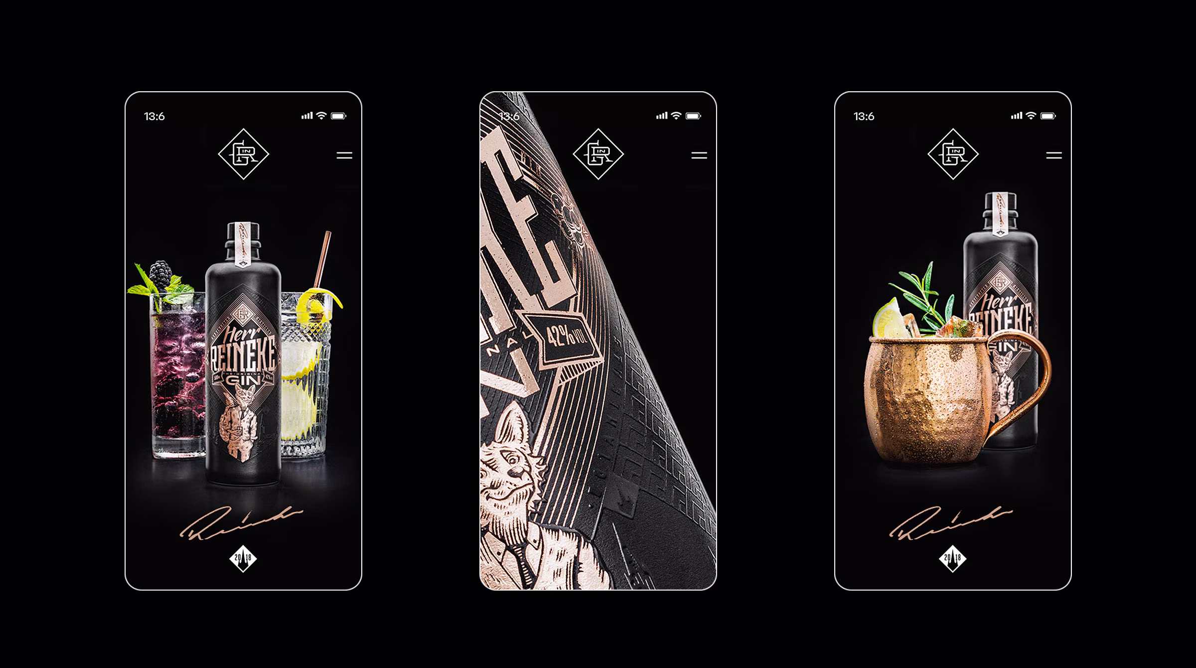Drei Smartphone-Mockups mit Herr Reineke Gin – Inszenierungen von Flasche, Etikett und Drinks im mobilen Screendesign