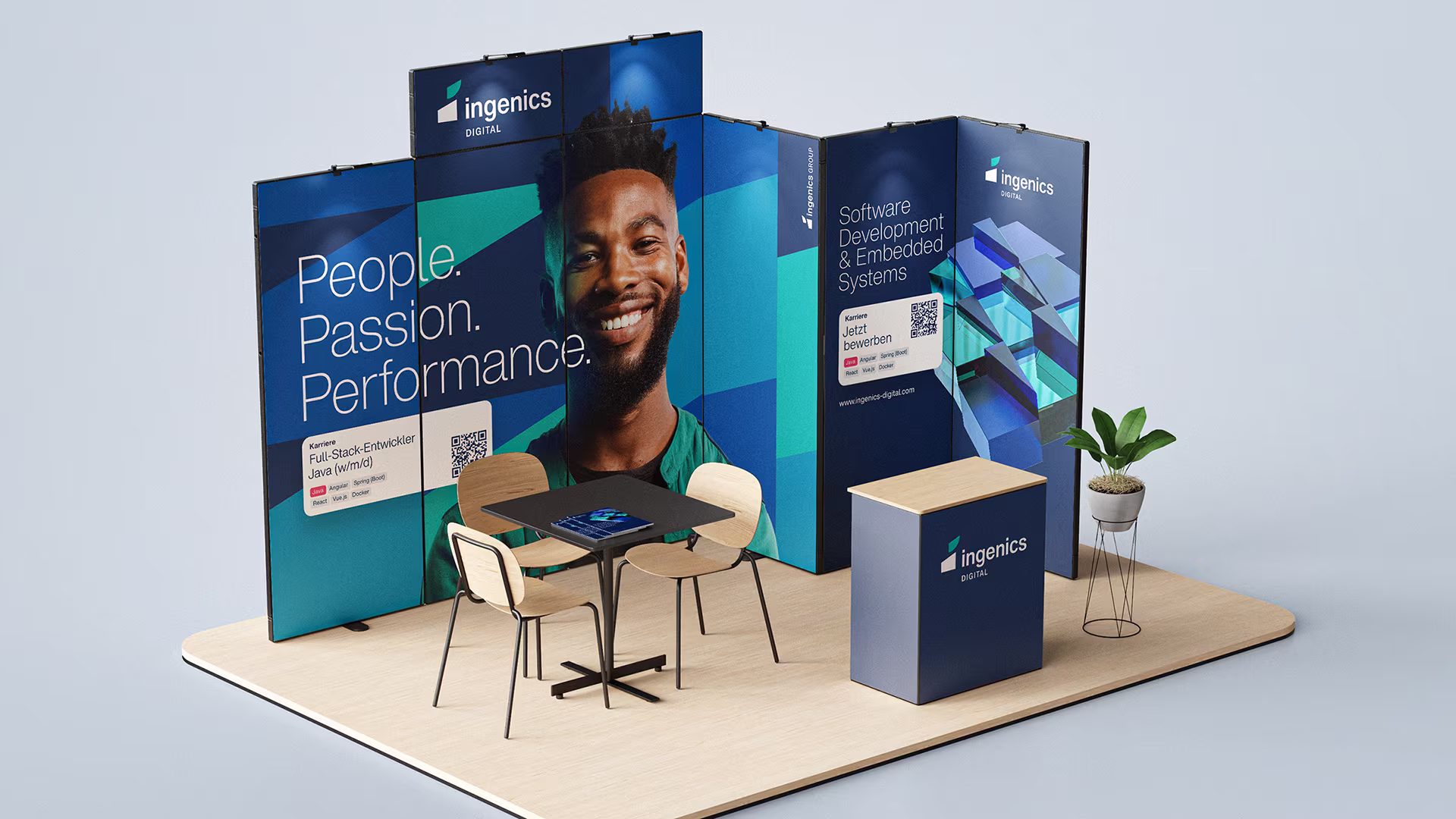 Messestand im Ingenics Branding mit Farbwelt, Bildsprache und modularer Gestaltung