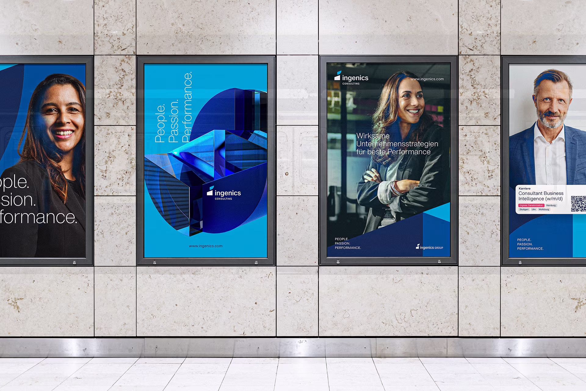 Plakatserie mit Ingenics Markenwelt – konsistente Gestaltung aus Typo, Farbe und Fotografie